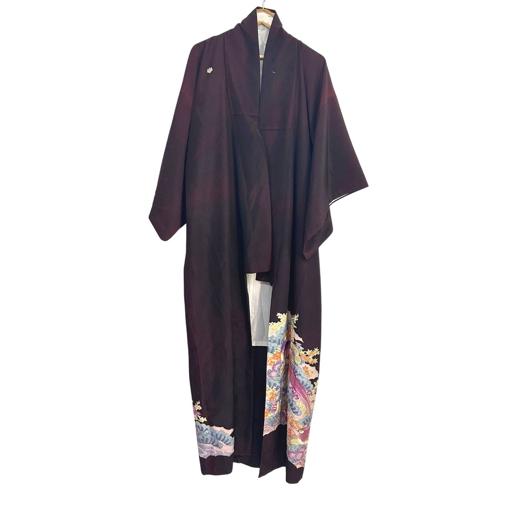 Vintage Japanese Formal Furisode Kimono Plum Long Sleeve Floral Bird Mon Japan‎